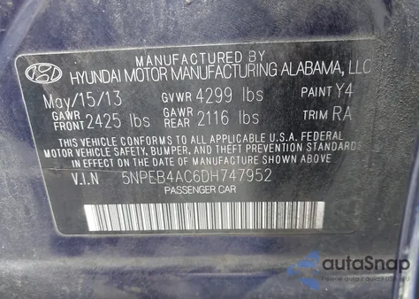 2013 Hyundai Sonata Gls from USA, damaged, VIN 5NPEB4AC6DH747952